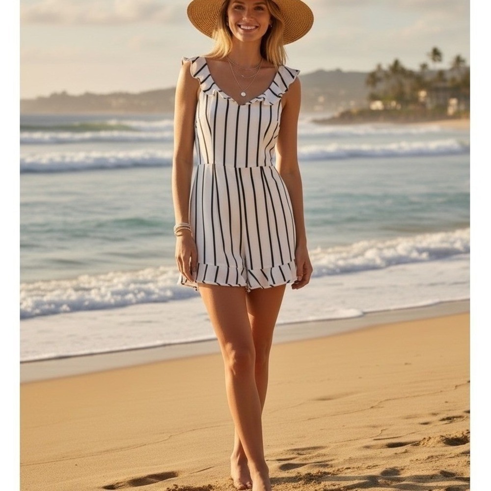 Intermix Rachel Striped Linen Overall Romper Womens 2 White Black Coastal Vacay